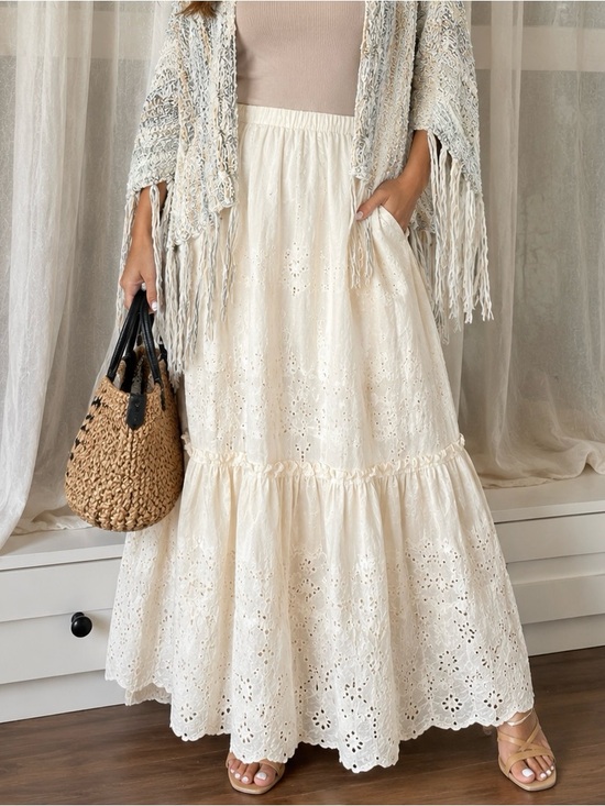Forgotten Grace Dresses & Skirts - Cream Eyelet Tiered Maxi Skirt with Elastic Waist
